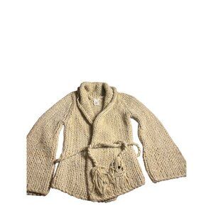 LeRok Chunky Knit Wrap Sweater M Beige Wool Blend Tie Closure Tassels boho RARE!
